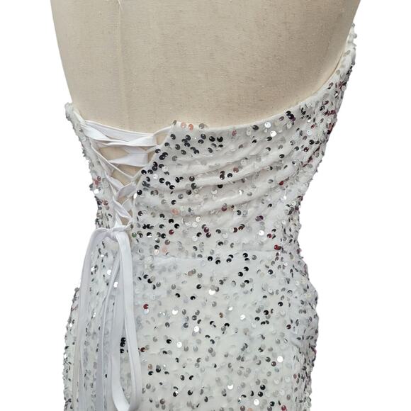 NWT White Silver Strapless Sequin Evening Gown with Corset Back on Velvet Fabric - Picture 12 of 14